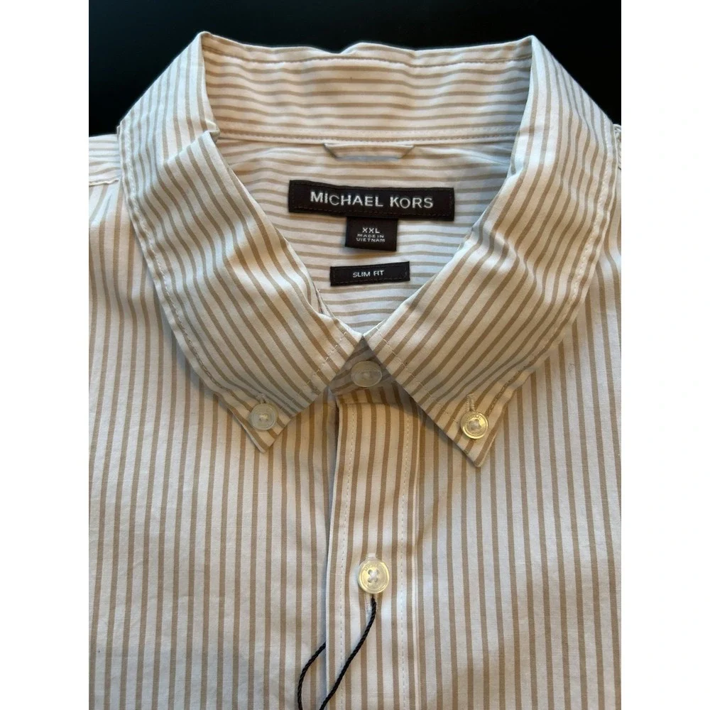 New Michael Kors Button Down Shirt 2XL Beige Stripe Cotton Elastane Stretch - Picture 13 of 13